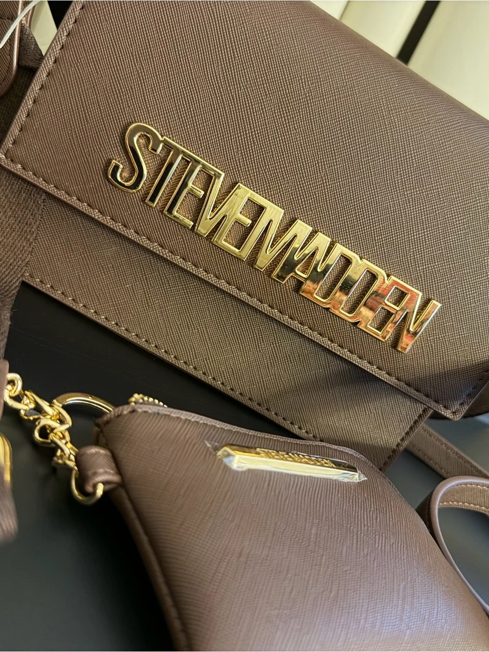 Steve Madden Brown Saffiano Top-Handle Satchel with Gold Logo